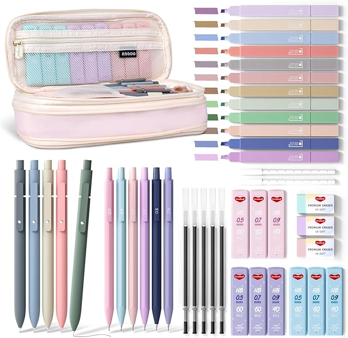 43PCS Aesthetic School Supplies with Pen Case, 5 Black Ink Gel Pens, 12 Pastel Highlighters, 6 Mechanical Pencil Set 0.5 & 0.7 & 0.9 mm, Back To School Supplies for Students Stationary
