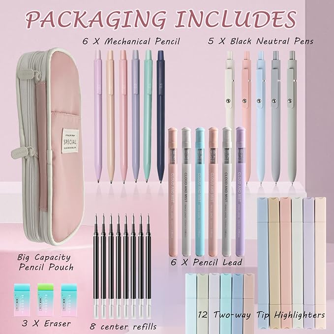 41 PCS Aesthetic School Supplies with Cute Pen Case, 5 Black Ink Gel Pens, 12 Pastel Highlighters, 6 Mechanical Pencils Set 0.5 & 0.7 mm for School Supplies Essentials (Pink)