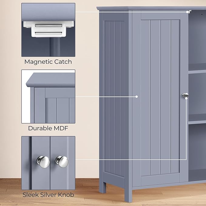 Yaheetech Bathroom Floor Cabinet, Modern Storage Freestanding Organizer Cabinet with Adjustable Shelves & Double Doors, 3-Tier Home Living Room Furniture, Gray