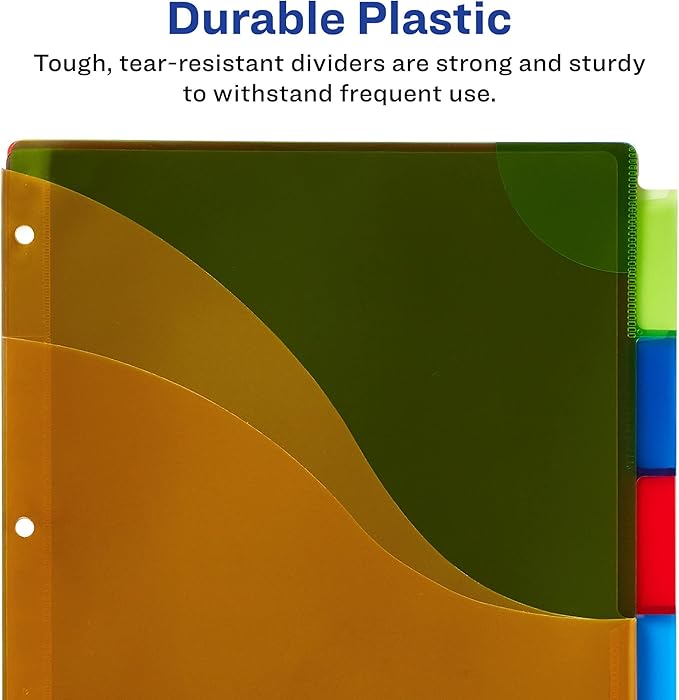 Avery Dividers for 3 Ring Binders, 5 Tab Plastic Binder Dividers, Three-Pocket, Corner Lock, Insertable Big Tabs, Multicolor, Extend Beyond Sheet Protectors, 1 Set (11273)