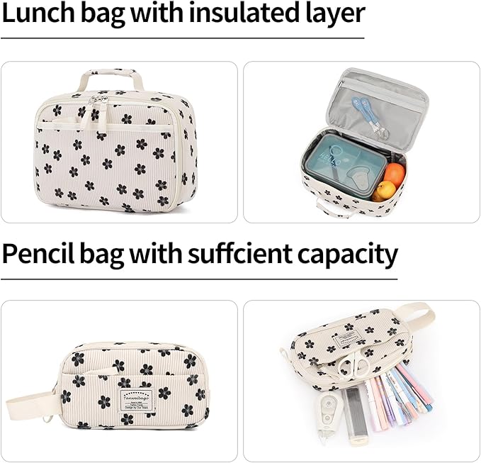 Backpack for Girls Boy Teen Corduroy Bookbags Elementary Middle High School Women Laptop Bag with Lunch Box Pencil Bag (Flower Black)