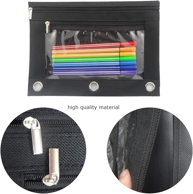 Enyuwlcm 3 Ring Binder Pencil Pouch with Durable Zipper Binder Pencil Case with Clear Window 2 Pocket Black Canvas 2 Pack