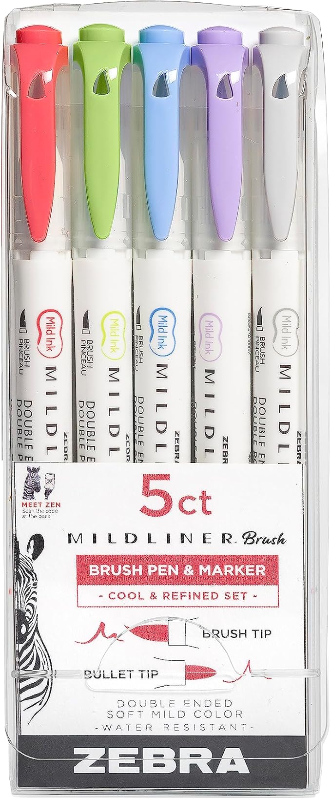 Zebra Pen, Mildliner Dual-Ended Brush Pens, Cool and Refined Color Palette, 5 Assorted Colors, Brush and Fine Tips, No Bleed-Through Ink for Calligraphy, Journaling, Planners, 5-Pack (79205)