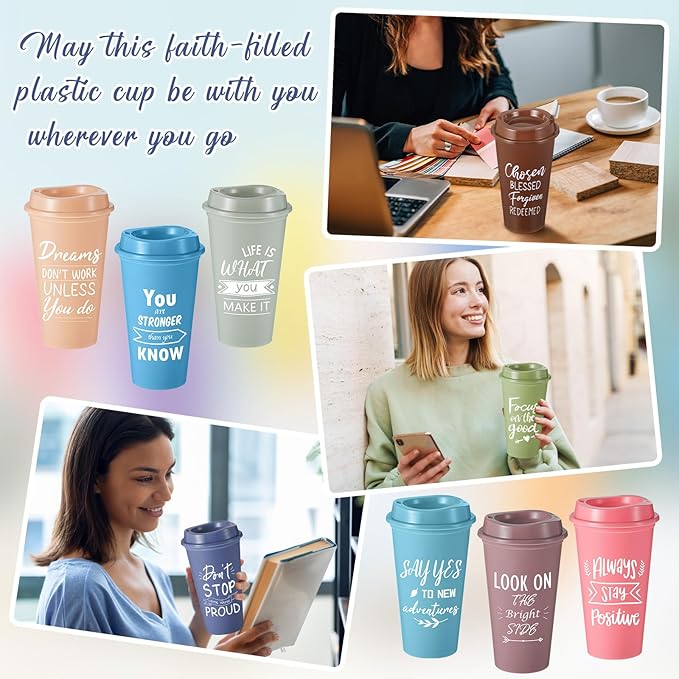 12 Pcs Inspirational Gifts for Employee Coworkers Staff Teammate, 16oz Reusable Plastic Coffee Cups with Positive Sayings, Bundle Gifts for Woman Man Coworker (Morandi Color,Inspirational)