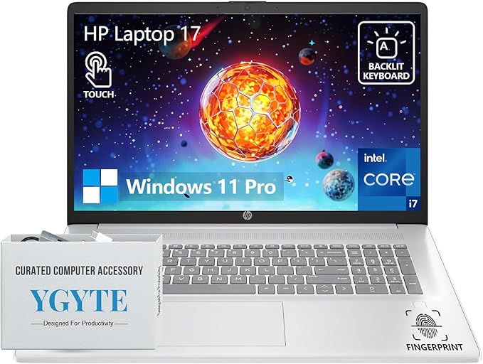 HP 17 Touchscreen Laptop Computer, 17.3” HD+ Touch Screen Laptop Notebook PC, Intel 10-Core i7, 20GB RAM 512GB SSD, Windows 11 Pro, 10 Key Backlit Keyboard, Fingerprint Reader, Wi-Fi 6