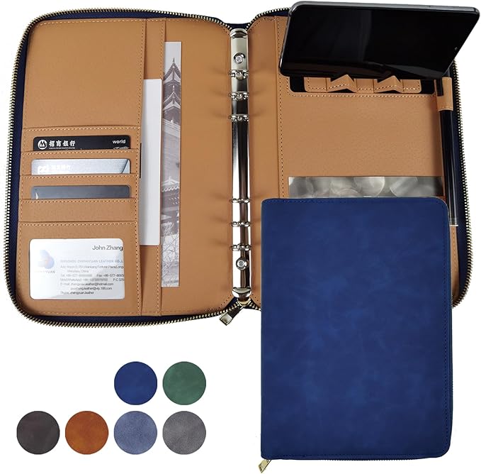 A5 Binder Case PU Leather Portfolio Budget Binder Refillable Notebook Planner Cover with Zipper 6 Rings Money Document Organizer for Business Interview (Blue)