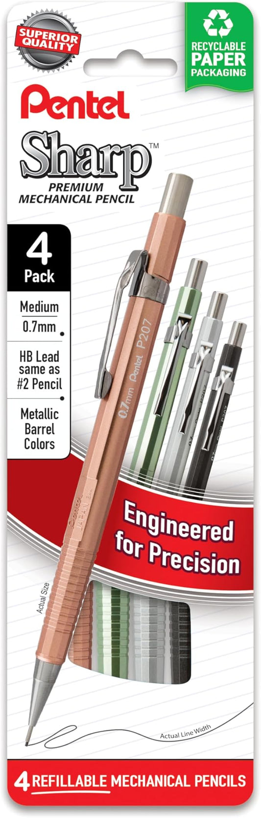 Pentel Sharp Metallic Mechanical Pencil, (0.7mm), Medium Line, Assorted Colored Barrels, Pack of 4 (P207MPF4M)