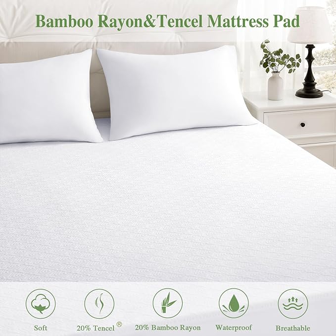 California King Mattress Protector, Waterproof Mattress Pad Washable Rayon Mattress Cover Breathable Noiseless Bed Protector 3D Patterns 5" - 21'' Elastic Fitted Deep Pocket(White)