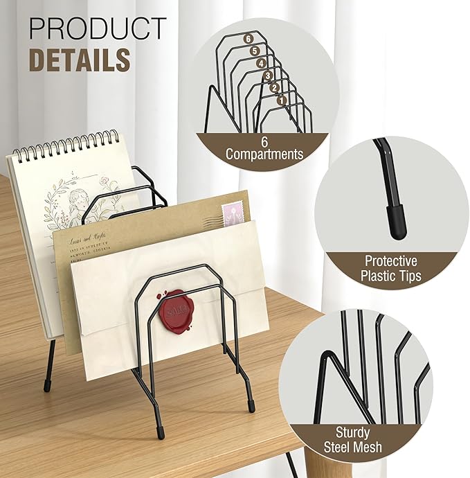 Incline Desk Mail Organizer, Mail Sorter Letter Organizer Rack with 6-Section Vertical Compartments Rack for Letters, Postcards, Brochures, Mail Holder for Office, Home, School (2 Pack)