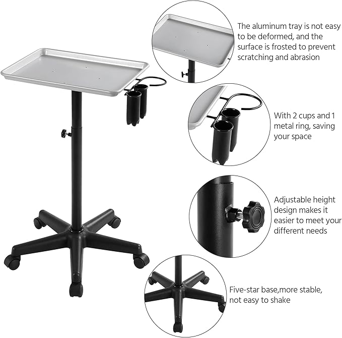 Yaheetech Rolling Salon Tray - Aluminum Trolley Cart Equipment on Wheels & Adjustable Height Mobile Beauty Salon Spa Stools Service Instrument Storage Tray w/Accessory Caddy - Silver