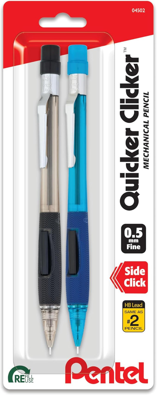 Pentel Quicker Clicker Mechanical Pencil, 0.50 mm, Assorted, 2 Per Pack (PD345BP2-K6)