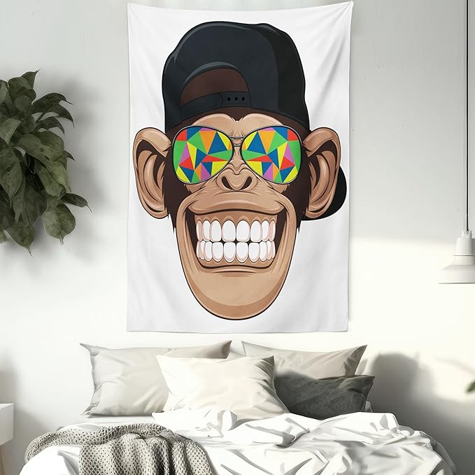 Ambesonne Cartoon Tapestry Twin Size, Fun Hipster Monkey with Colorful Sunglasses and Hat Rapper Hippie Ape Art, Wall Hanging Bedspread Bed Cover Wall Decor, 68" X 88", White Brown