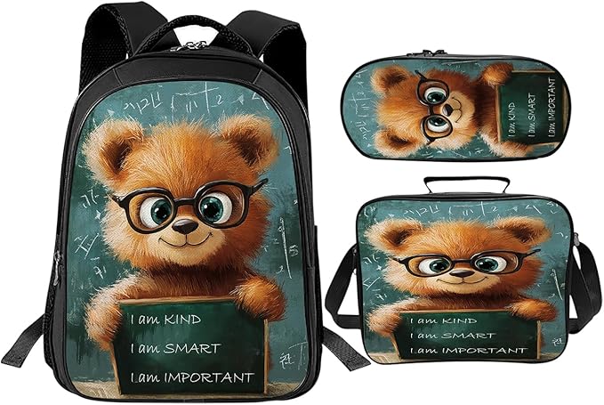 Funny Bear Backpack Set 3 Piece School Bags and Lunch Box with Pencil Case Cute Brown Bear Bookbag Set for Toddler Kids Girls Boys Teens Kindergarten Elementary Middle