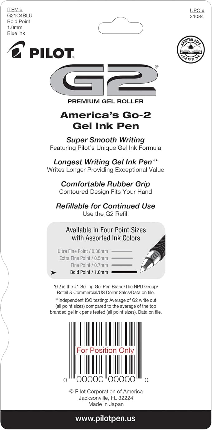 Pilot, G2 Premium Gel Roller Pens, Bold Point 1 mm, Pack of 4, Blue