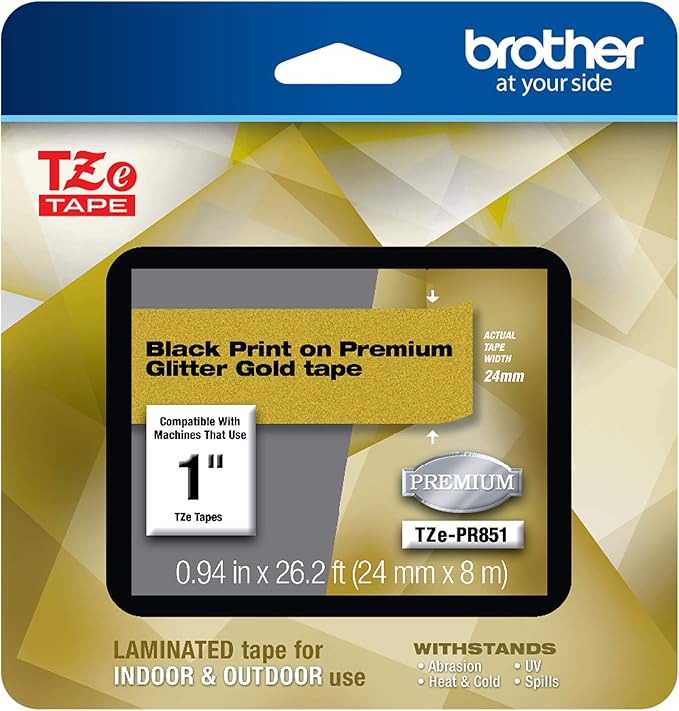 Brother P-touch TZe-PR851 Black Print on Premium Glitter Gold Laminated Tape 24mm (0.94”) wide x 8m (26.2’) long