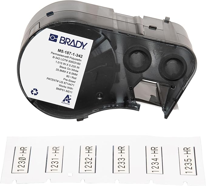 Brady Authentic (M5-187-1-342) PermaSleeve® Heat-Shrink Labels Polyolefin 0.335" H x 1" W Black on White 0.187" Dia, Cartridge of 80 Labels. for use with The BMP51 and M511 Label Printers