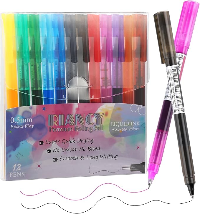 RIANCY Fine Point Colored Pens 12 Colors 0.5mm Gel Ballpoint Pens Assorted Colors Liquid Ink Pens No Smear Vibrant Colorful Writing for Journaling Note Taking Doodling Coloring Office School Supplies
