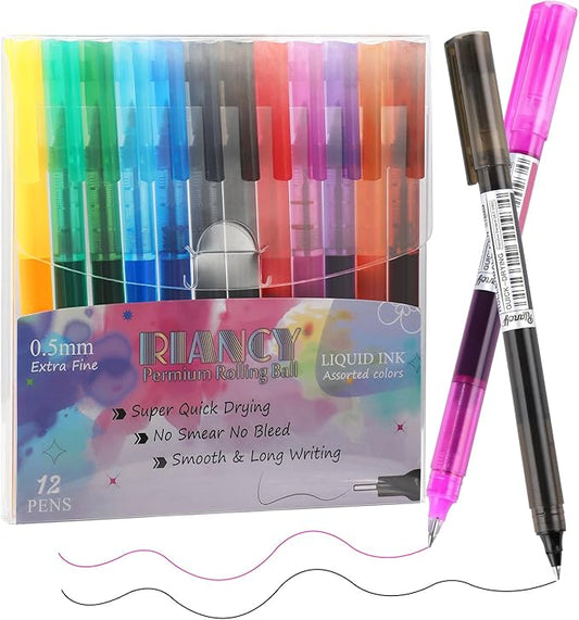RIANCY Fine Point Colored Pens 12 Colors 0.5mm Gel Ballpoint Pens Assorted Colors Liquid Ink Pens No Smear Vibrant Colorful Writing for Journaling Note Taking Doodling Coloring Office School Supplies