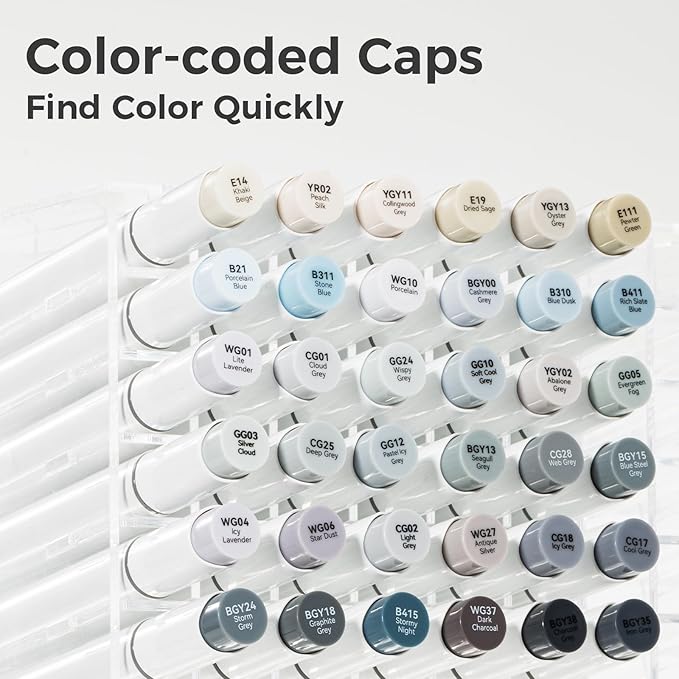 Ohuhu Alcohol Markers Brush Tip Grey-tone - Double Tipped Alcohol Based Art Marker Set for Artist Adults' Coloring Illustration Shading - 36 Grayscale Colors w/ 1 Blender - Fine & Brush - Honolulu B