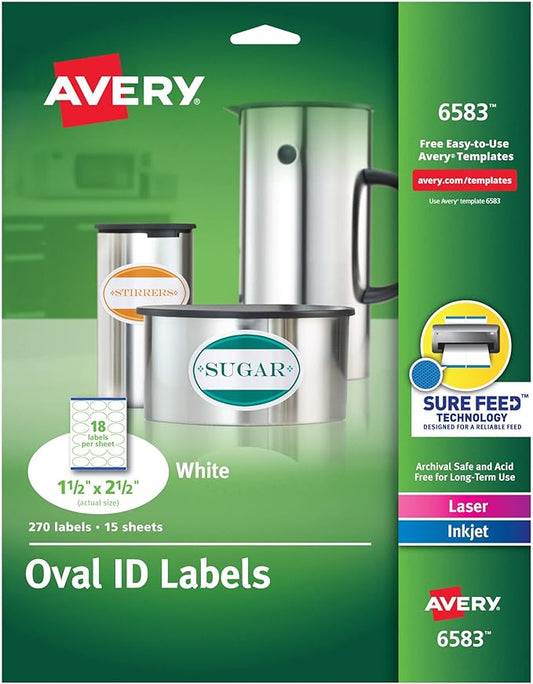 Avery Easy Peel Oval ID Labels, Sure Feed, Print to Edge, Perm Adhesive, 1.5" x 2.5", 270 Ct (6583)
