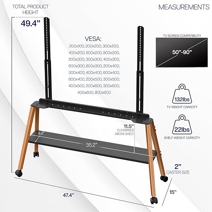 VIVO Rolling Artistic 50 to 90 inch LED LCD Screen Mobile Studio TV Easel Stand, Wood Accessory Shelf, Adjustable TV Mount with 4 Walnut Legs, Black Frame, STAND-TV90R