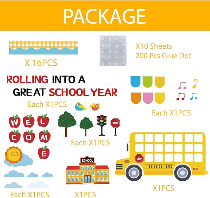 65Pcs Welcome Back to School Bulletin Board Decorations Set, School Bus Cutouts Name Tags with Yellow Border Trims Home Office School Classroom Decorations for Window Wall Door Chalkboard