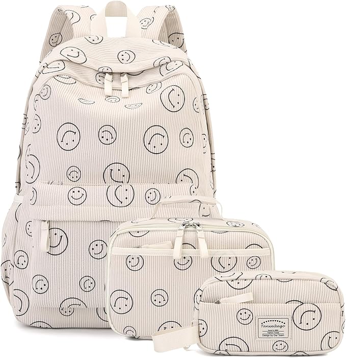 Backpack for Girls Boy Teen Corduroy Bookbags Elementary Middle High School Women Laptop Bag with Lunch Box Pencil Bag (Smile Beige)
