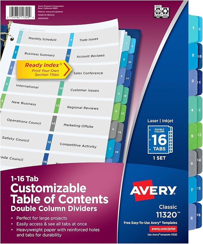 Avery Double Column Dividers for 3 Ring Binders, 16 Tabs per Set, Customizable Table of Contents, Multicolor Tabs, Great for Organizing Reports, Projects, and More (11320)