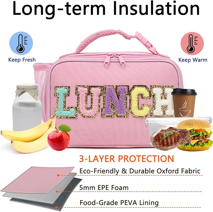 Insulated Lunch Box for School, Thermal Reusable Durable Freezable Lunch Bags for Kids Boys Girls Men Women - Small Soft Cooler Portable Lunch Tote Kit for Work Picnic Travel,Pink Alphabet