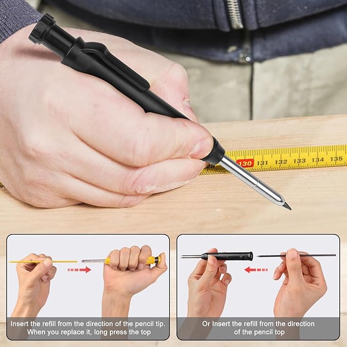 MECHEER 2 Pack Carpenter Pencils Construction Pencil with 12 Refills, Mechanical Carpenter Pencils with Built-in Sharpener, Long Nib Deep Hole Heavy Duty Woodworking Pencil Marker (Black, Yellow)