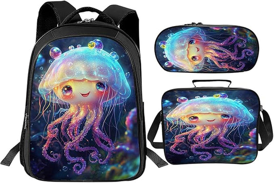 Cute Jellyfish Backpack Set 3 Piece School Bags and Lunch Box with Pencil Case Blue Ocean Jellyfish Bookbag Set for Toddler Kids Girls Boys Teens Kindergarten Elementary Middle