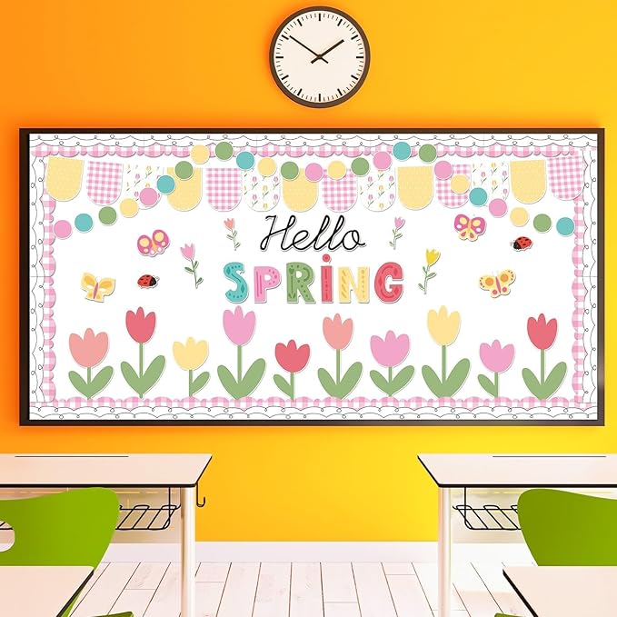 Hello Spring Bulletin Board Decorations Tulip Cutouts Pink Floral Bulletin Board Set Spring Classroom Decor for School Classroom Office Chalkboard Wall Door Window Party Supplies