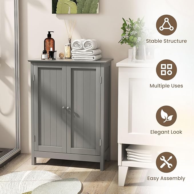 COSTWAY Bathroom Storage Cabinet, Freestanding Bathroom Organizers and Storage with Doors & Adjustable Shelf, Wooden Floor Cabinet for Home, Living Room, Entryway, Kitchen (Grey)