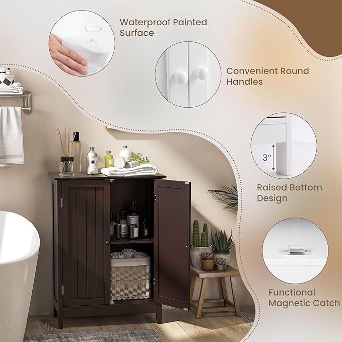 COSTWAY Bathroom Storage Cabinet, Freestanding Bathroom Organizers and Storage with Doors & Adjustable Shelf, Wooden Floor Cabinet for Home, Living Room, Entryway, Kitchen (Brown)