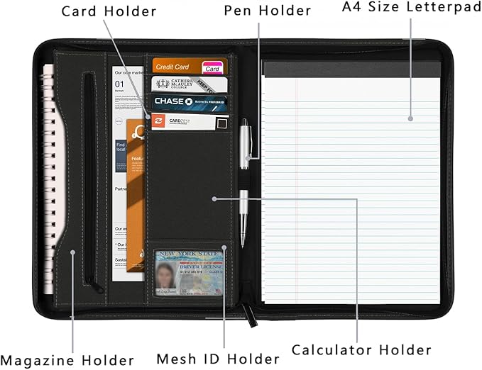 Zippered Portfolio Organizer/ A4 Refillable Lined Writing Notepad Folder Case/Fabric-Covered Padfolio Binder with Interior Storage Pocket for Men Women.