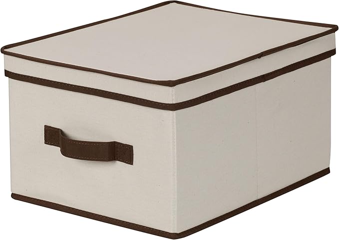 Household Essentials 513 Storage Box with Lid and Handle - Natural Beige Canvas with Brown Trim - Large