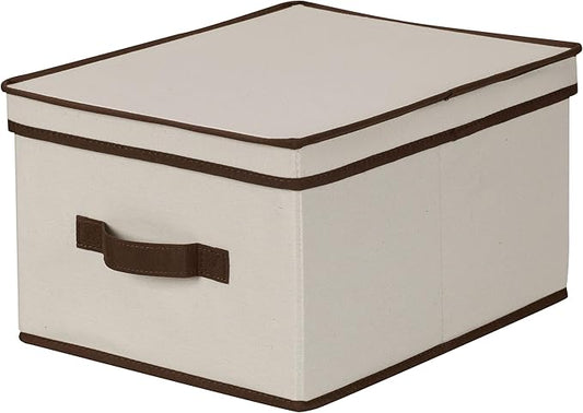 Household Essentials 513 Storage Box with Lid and Handle - Natural Beige Canvas with Brown Trim - Large