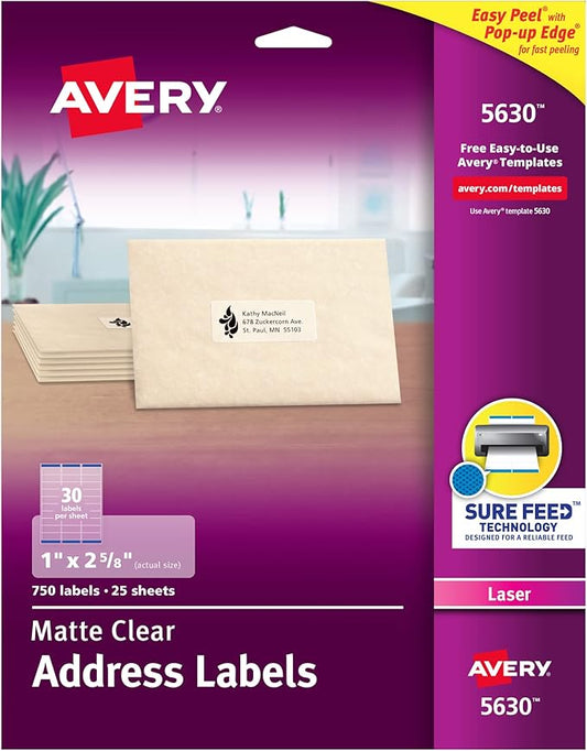 Avery Printable Address Labels with Sure Feed, 1" x 2-5/8", Matte Clear, 750 Blank Mailing Labels (05630)