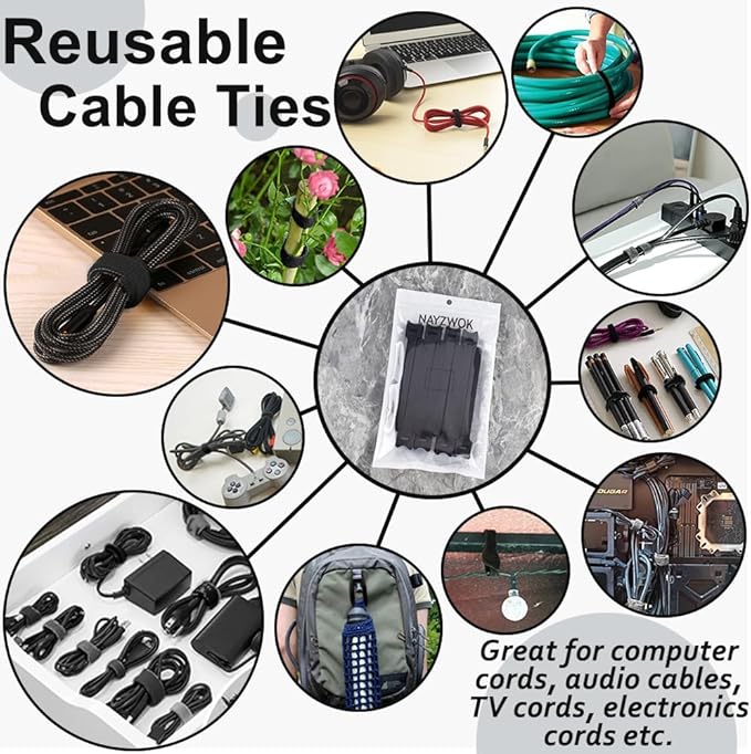 100pcs Cable Ties Reusable All-Black Wire Ties Cable Management Cord Ties Reusable for Electronics Hook and Loop Cable Ties for Computer 6 Inch