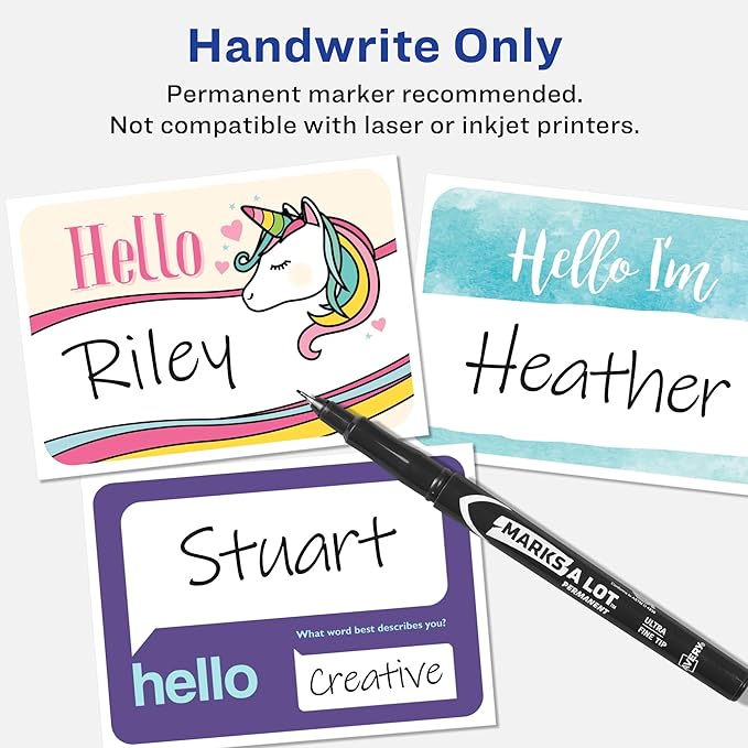 Avery Premium Rainbow Unicorn Name Tags, No Lift No Curl, 80 Handwriteable Name Stickers