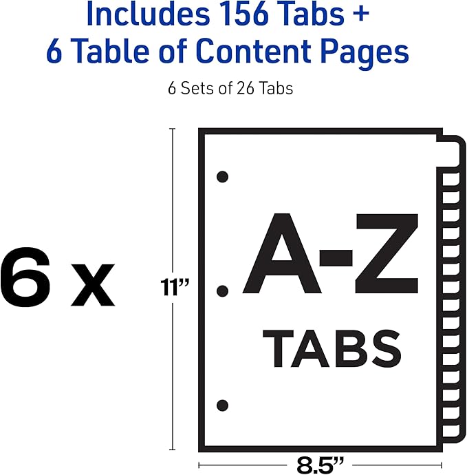 Avery A-Z Dividers for 3 Ring Binders, 26 Tabs per Set, Customizable Table of Contents, Multicolor Tabs, Great for Organizing Reports, Projects, and More (6 Sets of 11832)