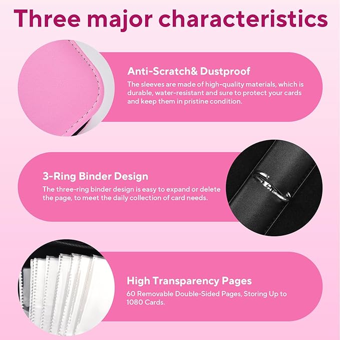 Portable 9-Pocket Trading Card Binder, Holds 1080 Cards with 60 Removable Sleeves Baseball Card Binder, Compact Card Album Organizer for Game & Sports Cards, Pink Color