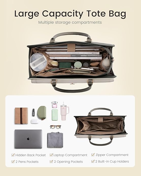 LOVEVOOK Laptop Tote Bag for Women - PU Leather Vintage Work Tote Bag,Waterproof Business Teacher Bag with Large Cup Holder