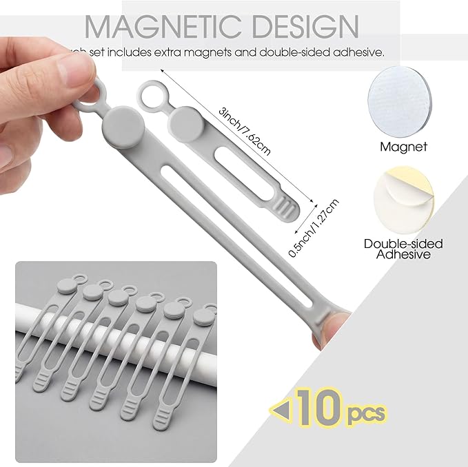 Geelin 10 Pack Magnetic Silicone Cable Ties bulk Reusable Cable Organizer Straps for Cord Management Magnetic Wire Ties for USB Cables Headphones Charger Cords Curtain Towel Straps(Gray)
