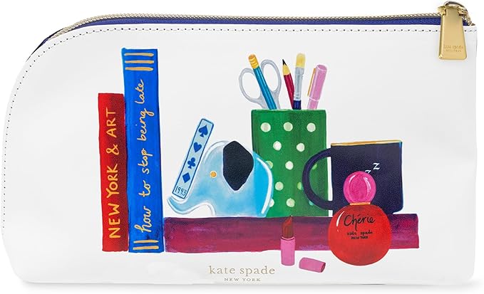 kate spade new york Zipper Pouch Filled with Planner Stickers and Accessories, Set Includes Notepad, Sticker Tabs, Black Ink Pen and Holder, Vegan Leather Accessory Bag, Charmed Library