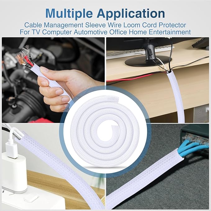 Nilight Cable Sleeve, 10ft-1inch Cord Management Sleeves, Braided Sleeving, Split Self Wrapping Wire Loom for Computer Electrical Automotive Harness Protector Organizer, White