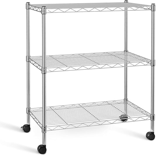Simple Deluxe Heavy Duty 3-Shelf Shelving Unit with Wheels, Adjustable Steel Wire Shelving, Chrome Metal Shelf Organizer for Kitchen Organization and Storage, 750 lbs Capacity