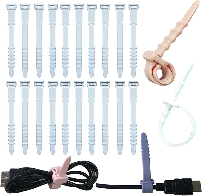 Reusable Silicone Zip Ties Cord Organizer: Silicone Cable Ties Straps for Cable Management - 20PCs 4.5” Blue Elastic Wire Cord Organizer for Home Office and Travel