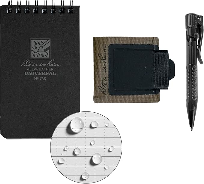 Rite in The Rain All-Weather Monsoon Adhesive Pen and Card Holder Kit, Black 3” x 5” Top-Spiral Notebook, and All-Weather Black Bolt-Action Pen (No. PH2-KIT)