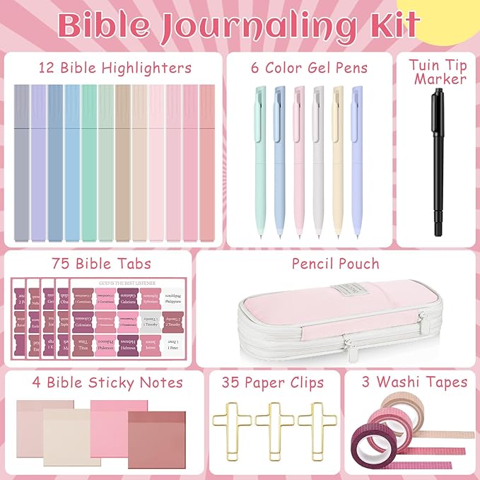 137 Pcs Bible Study Supplies Journaling Kit 1 Pencil Case 12 Highlighters 4 Sticky Notes 6 Gel Pens 35 Paper Clips 3 Tapes 1 Markers 75 Tabs for Christmas Bible School Gifts(Pink)